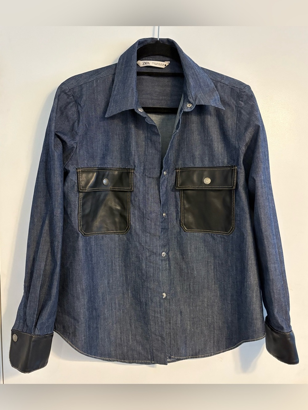 Zara Men's Denim Button-Down Shirt with Black Pocket Details